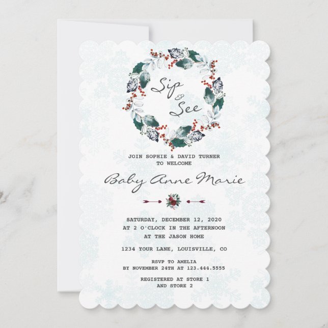 Invitation Wreath d'hiver Whimsical Sip & Voir le Baby shower (Devant)