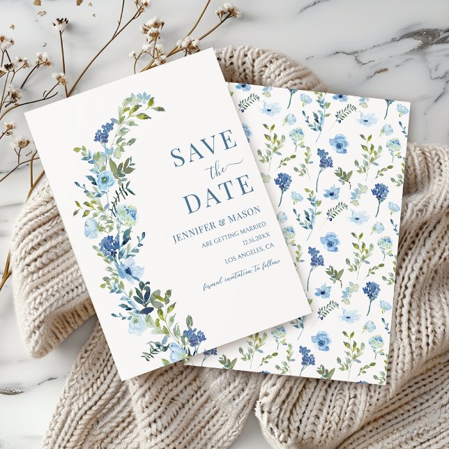 Invitation Wreath Floral Bleu Whimsical Enregistrer La Date (Créateur téléchargé)