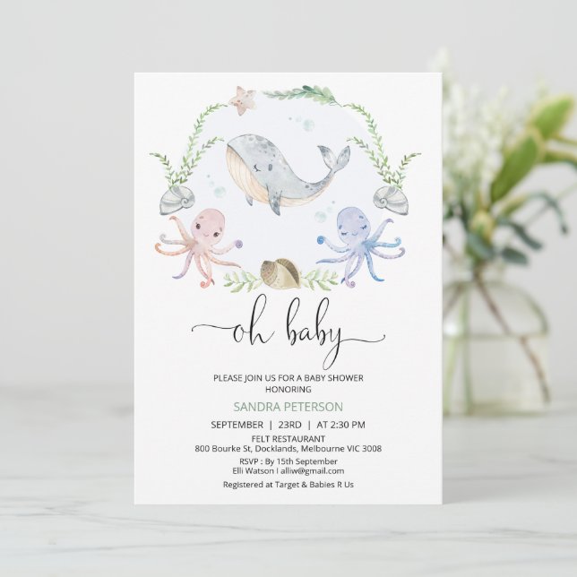 Invitation Wreath Grey Whale Oh Baby Under Sea Baby shower (Debout devant)