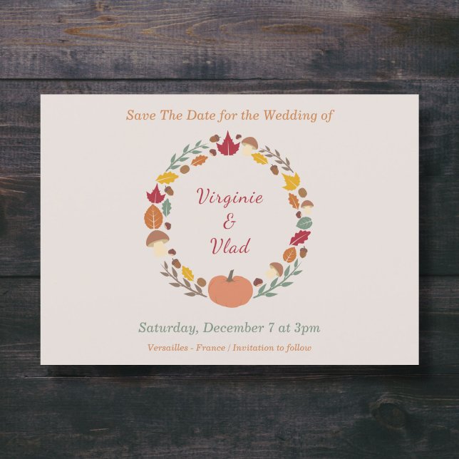 Invitation Wreath & Mariage de automne Enregistrer La Date (Wreath & Fall Wedding Save The Date Invitation - Front)