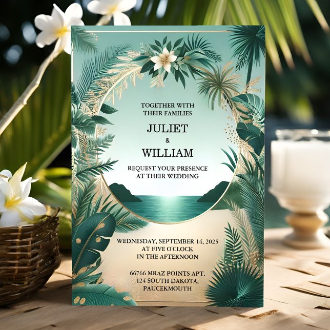 Invitation Wreath Palm Tree Beach Mariage Vert Et Or (Créateur téléchargé)