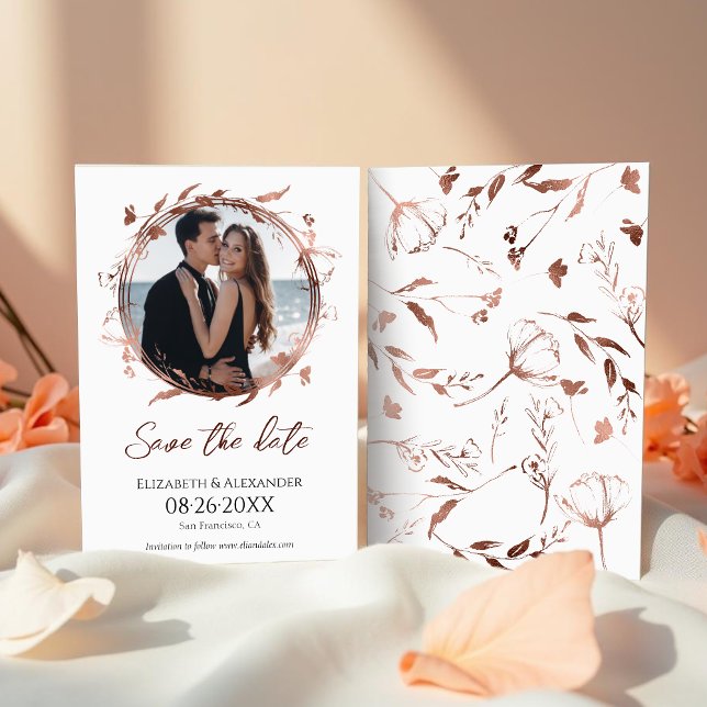 Invitation Wreath Rose Gold Foil Photo Enregistrer la date (Créateur téléchargé)