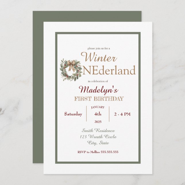 Invitation Wreath Winter ONE derland Enfants Premier annivers (Devant / Derrière)