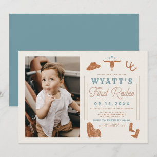 Invitation WYNONA Brûlé Orange Bleu Cowboy 1er Rodéo Annivers