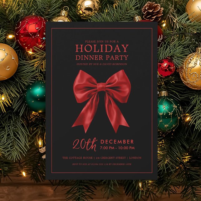 Invitation Xmas Holiday Dinner Party Red Satin Bow Black  (Xmas Holiday Dinner Party Red Satin Bow Black Invitation)