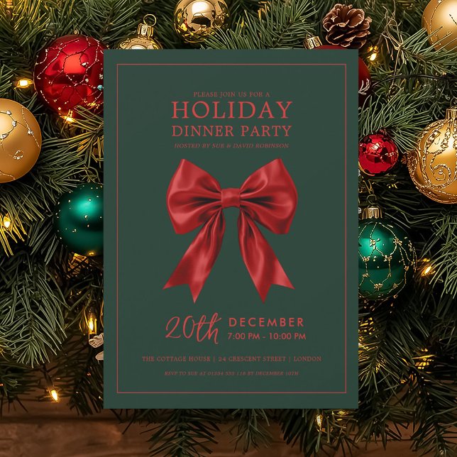 Invitation Xmas Holiday Dinner Party Red Satin Bow Green  (Xmas Holiday Dinner Party Red Satin Bow Green Invitation)