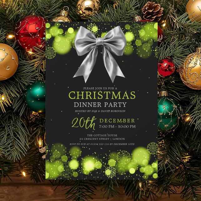 Invitation Xmas Holiday Dinner Party Winter Silver Bow Green  (Xmas Holiday Dinner Party Winter Silver Bow Green Invitation)