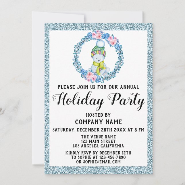 Invitation Xmas Wreath Company Fête Parties scintillant bleue (Devant)