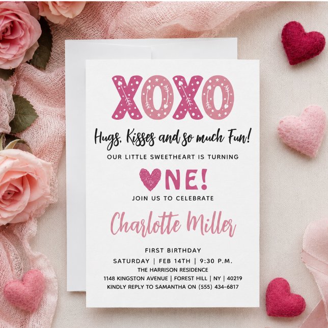 Invitation XOXO Câlins et Baisers Saint-Valentin 1er Annivers (XOXO Hugs & Kisses Valentine's Day 1st Birthday Invitation)