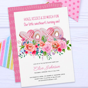 Invitation XOXO Cookies roses Vibrant Floral Girl 1er anniver