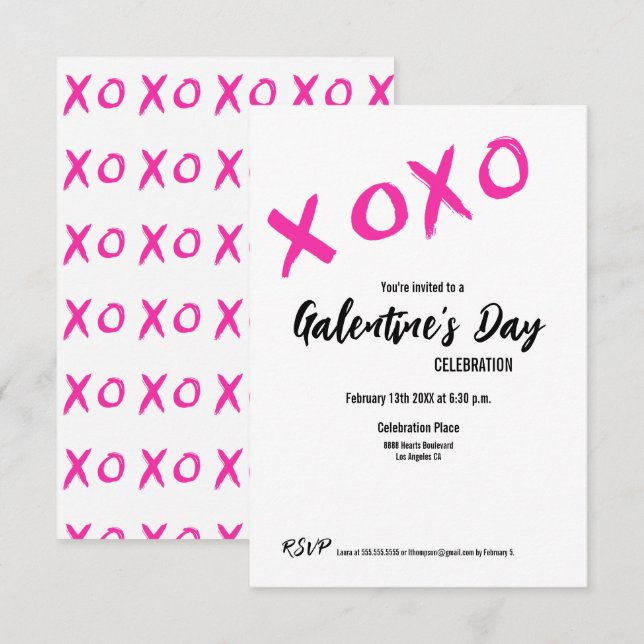Invitation XOXO Galentine's Day PINK WHITE Valentines Party (Devant / Derrière)