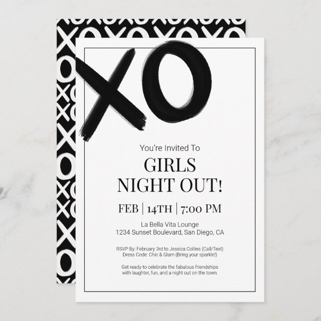 Invitation XOXO Girls Night Out Black Bestie Galentine Party (Devant / Derrière)