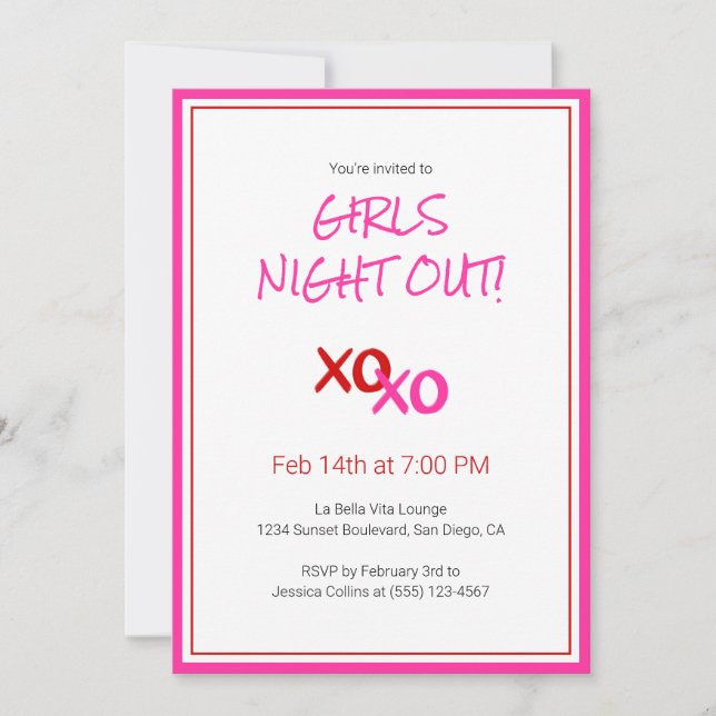 Invitation XOXO Girls Night Out rose mignonne fête de la Sain (Devant)