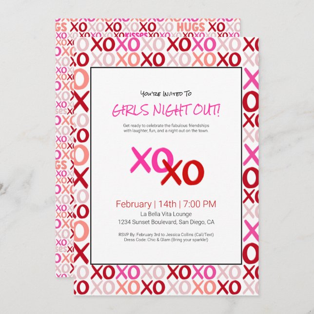 Invitation XOXO Girls Night Out rose mignonne fête de la Sain (Devant / Derrière)