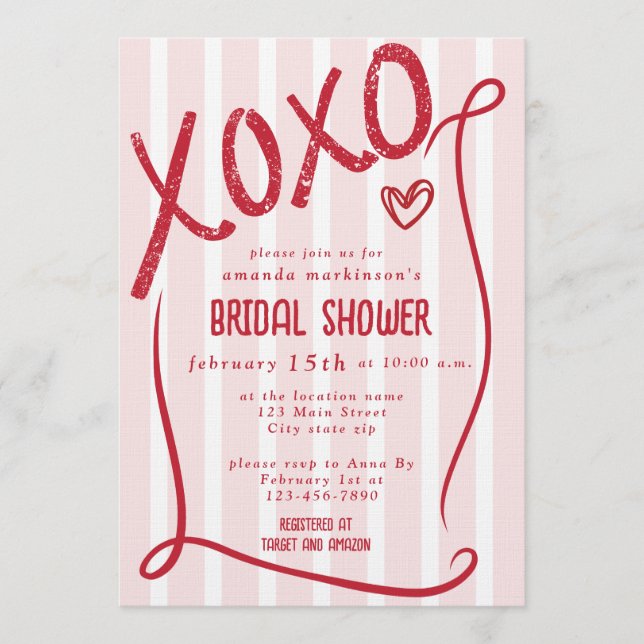 Invitation XOXO Hand Drawn Pink Bridal Shower Party (Devant)