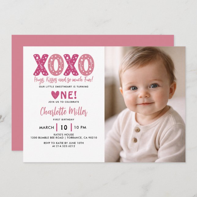 Invitation  XOXO Hugs & Kisses Valentine's Day 1st Birthday (Devant / Derrière)