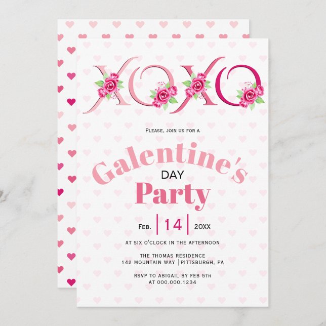 Invitation XOXO rose et fête des Galentines roses (Devant / Derrière)