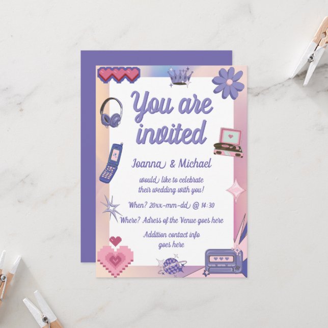 Invitation Y2K Pink Purple 2000s Retro Tech Geek Love Mariage (Devant/Arrière en situation)