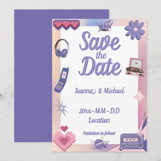Invitation Y2K Pink Purple 2000s Retro Tech Geek Love Mariage