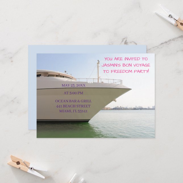 Invitation Yacht blanc sur Ocean Funny Bachelorette Bateau (Devant/Arrière en situation)