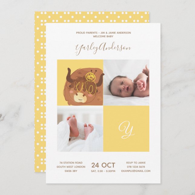 Invitation Yak Jaune ・ Alphabet Monogramme Baby shower mignon (Devant / Derrière)