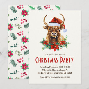 Invitation Yak Santa Hat Rouge Poinsettias Ox Noël