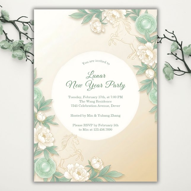 Invitation Year of the Horse Zodiac 2026 Lunar New Year (Modern Pastel Chinoiserie Floral Lunar New Year Party Invitation)