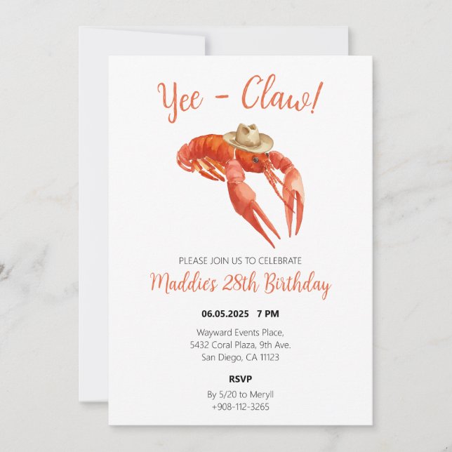 Invitation Yee Claw Crawfish Boil Aquarelle Anniversaire (Devant)