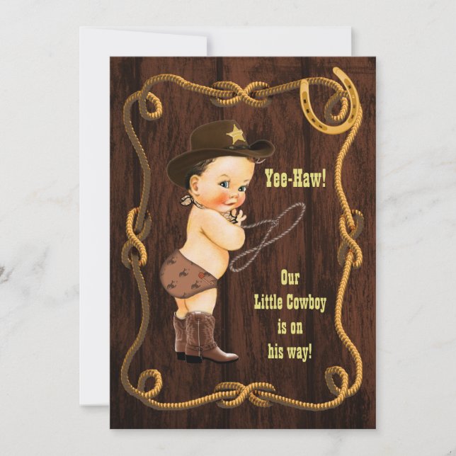 Invitation Yee-Haw ! Baby shower rustique Brunette Cowboy (Devant)