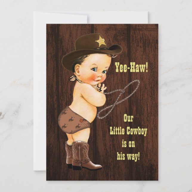 Invitation Yee Haw ! Brunette Cowboy Baby shower rustique (Devant)