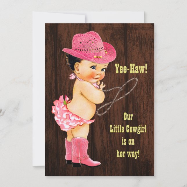 Invitation Yee Haw ! Brunette Cowgirl Baby shower rustique (Devant)