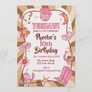 Invitation Yee Haw ! Fête d'anniversaire rétro disco cowgirl