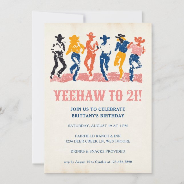 Invitation Yeehaw Cowgirl moderne 21e fête d'anniversaire (Devant)