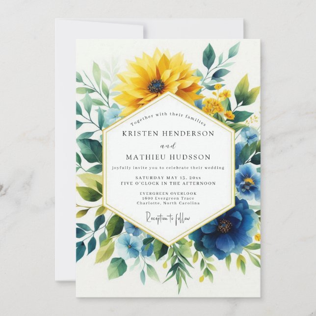 Invitation Yellow Blue Botanical Bloom Wedding (Devant)