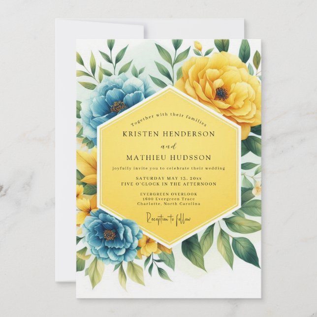 Invitation Yellow Blue Floral Whimsy Wedding (Devant)