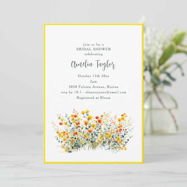 Invitation Yellow Border Wildflower Spring Bridal Shower (Debout devant)