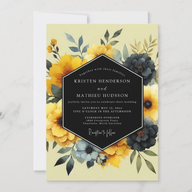 Invitation Yellow Charcoal Artistic Bloom Wedding (Devant)