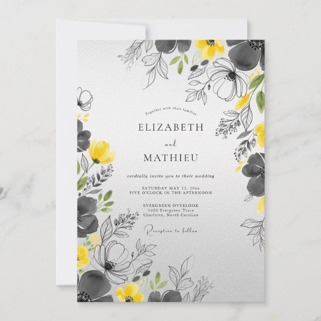 Invitation Yellow Charcoal Graceful Spring Wedding (Devant)