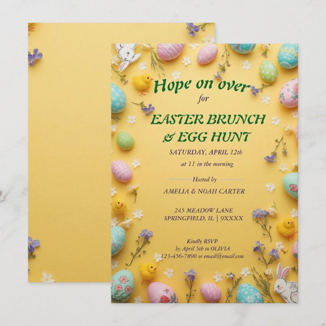 Invitation Yellow colorful  Easter BRUNCH & HUNT (Devant / Derrière)