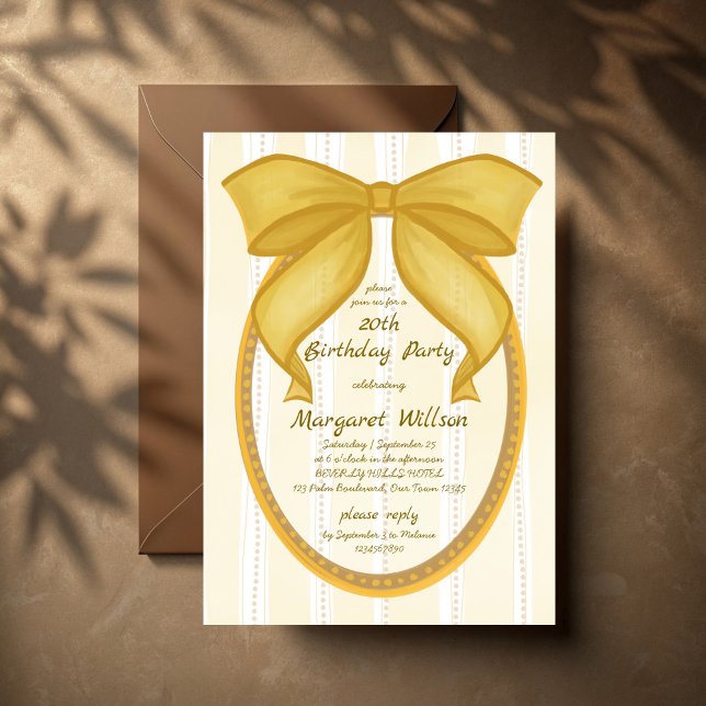 Invitation Yellow coquette retro stripes bow birthday party (Yellow coquette retro stripes hand drawn preppy bow birthday party invitation cards template)