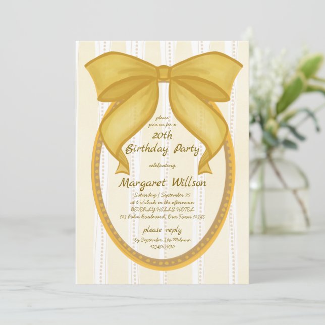 Invitation Yellow coquette retro stripes bow birthday party (Debout devant)