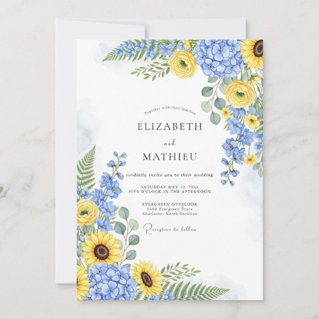Invitation Yellow Cornflower Blue Radiant Summer Wedding (Devant)