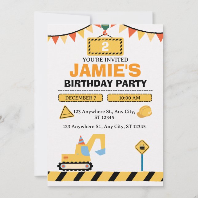 Invitation Yellow Cute Construction Truck Boys 2nd Birthday (Devant)