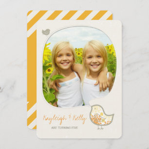 Invitation Yellow Damask Bird Twin Girls Photo Anniversaire P