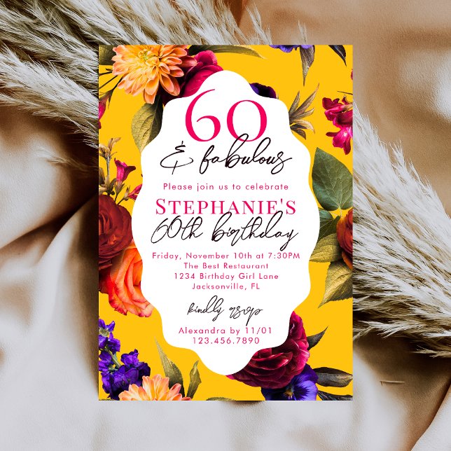 Invitation Yellow Floral 60 & Fabulous 60th Birthday Party (Créateur téléchargé)