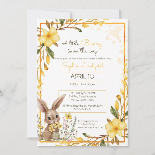 Invitation Yellow Flowers Little Bunny On The Way Baby Shower (Devant)