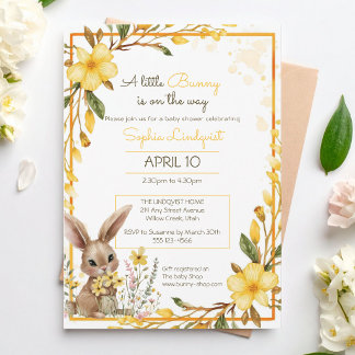 Invitation Yellow Flowers Little Bunny On The Way Baby Shower