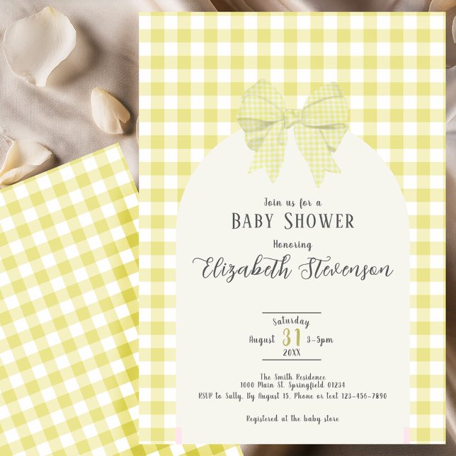 Invitation Yellow Gingham Bow Gender Neutral Baby Shower (Créateur téléchargé)