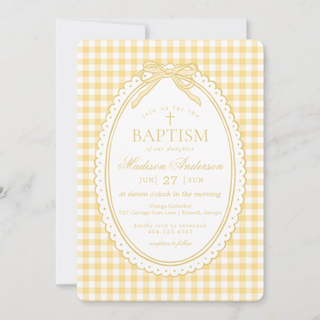 Invitation Yellow Gingham Coquette Bow Baptism (Devant)