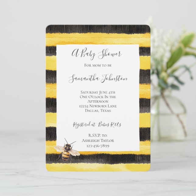 Invitation Yellow Gold Black Stripes Honey Bee Baby Shower (Debout devant)